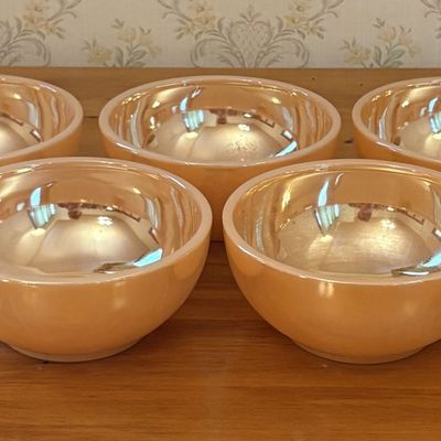 Sale Photo Thumbnail #446: A Set of Five Fire-King Peach Lustre Milk Glass Bowls