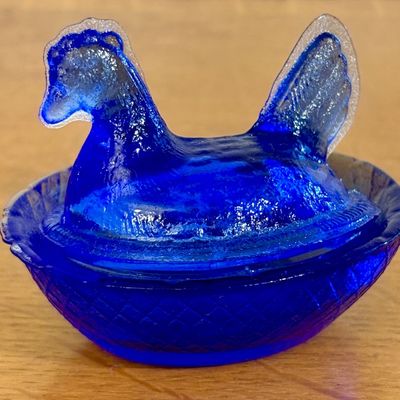 Cobalt Blue Pressed Glass Miniature Hen on a Nest Covered Dish