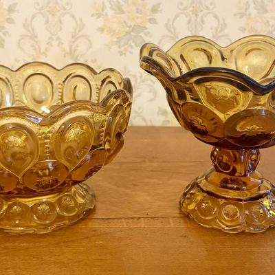 A Pair of Amber Pressed Glass Compotes in the Moon and Star Pattern