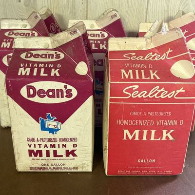 Sale Photo Thumbnail #724: A Group of Six Vintage Dean's and Sealtest One Gallon Cardboard Milk Cartons