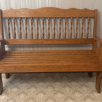 Sale Photo Thumbnail #419: American Spindle Back Oak Settle Bench
