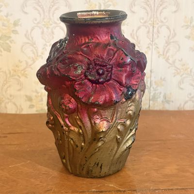 Sale Photo Thumbnail #277: Vintage Pressed Art Glass Vase with High Relief Poppy Motif and Metallic Cold Painted Finish