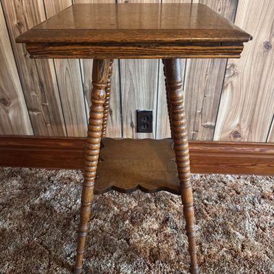 Sale Photo Thumbnail #207: American Victorian Tiger Oak Two Tier Parlor Table with Spool Turned Legs