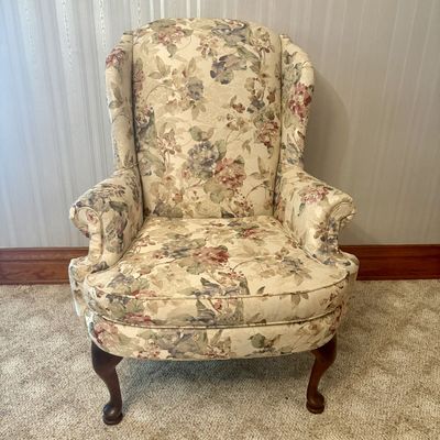 Sale Photo Thumbnail #414: Broyhill Queen Anne Style Floral Wingback Armchair
