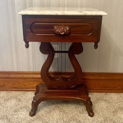 Sale Photo Thumbnail #411: Vintage Mahogany Lyre Base Side Table with Italian Marble Top