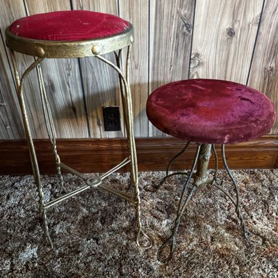 Sale Photo Thumbnail #231: Two Vintage Metal Twisted Wire Stools with Red Upholstery