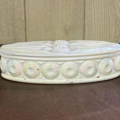 Sale Photo Thumbnail #702: Collection of Weishar Moon and Star Pattern Opaque and Iridescent Glass Dresser Boxes