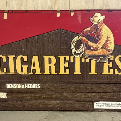 Sale Photo Thumbnail #743: Vintage Large Three Dimensional Cigarettes Advertising Sign with Cowboy Graphic