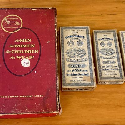 Sale Photo Thumbnail #529: A Group of Vintage Buster Brown Hosiery and Clark Thread Company Retail Packaging