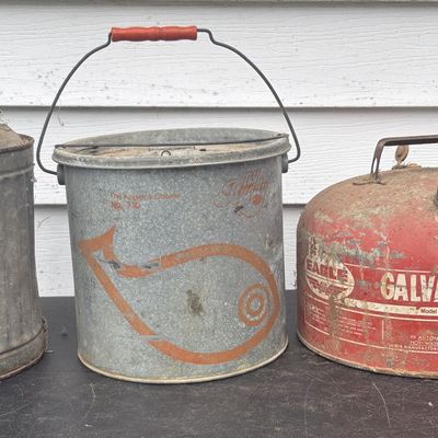 Sale Photo Thumbnail #813: A Trio of Vintage Galvanized Metal Containers Including Eagle Gasoline Can and My Buddy Minnow Bucket