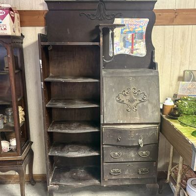 Sale Photo Thumbnail #722: Late Victorian Side by Side Secretary Bookcase with Carved North Wind Crest