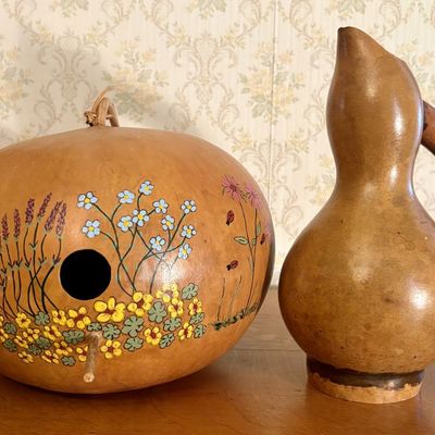 Two Decorative Dried Gourd Objects Including Hand Painted Birdhouse and Pitcher