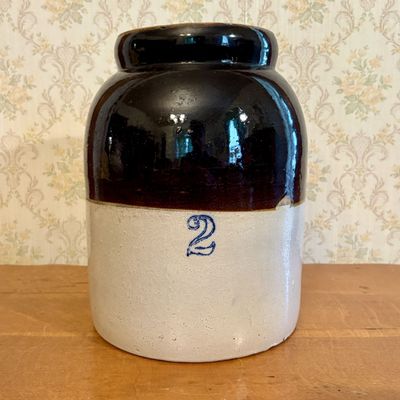 Two-Gallon Two-Tone Stoneware Preserve Jar with Cobalt Blue Number Marking