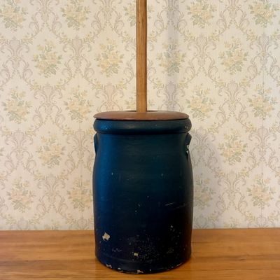 Sale Photo Thumbnail #350: Vintage Painted Stoneware Butter Churn with Wooden Lid and Dasher