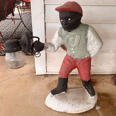 Sale Photo Thumbnail #820: Vintage Painted Concrete Lawn Jockey Garden Statue with Lantern