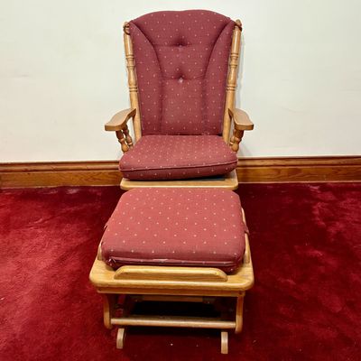 Sale Photo Thumbnail #496: A Spindle Back Wooden Glider Rocker and Matching Gliding Ottoman