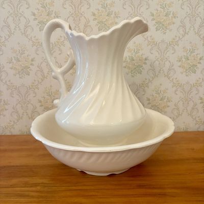 Sale Photo Thumbnail #351: Two Piece White Earthenware Spiral Molded Wash Pitcher and Basin Set
