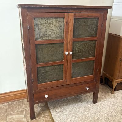 Sale Photo Thumbnail #645: American Primitive Style Punched Tin Pie Safe with Single Drawer