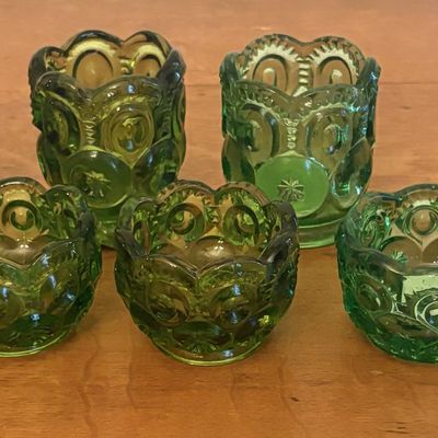 Set 7 Emerald Green Moon & Star Pressed Glass w/ 2 Toothpick Holders & 5 Salt Cellars