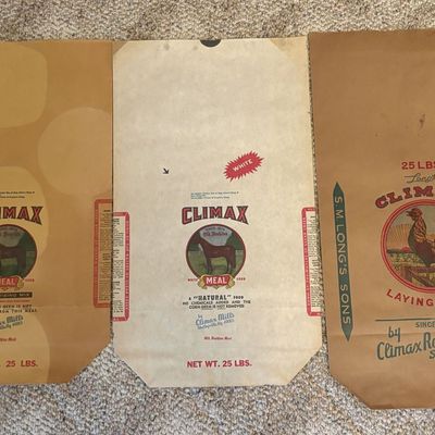 Sale Photo Thumbnail #548: Three Vintage Climax Roller Mills 25 lb Paper Feed and Meal Sacks