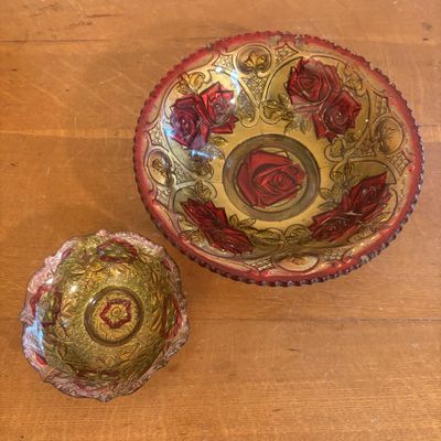Sale Photo Thumbnail #279: Two Pieces of American Goofus Glass Including a Large Rose Pattern Bowl and a Small Floral Dish