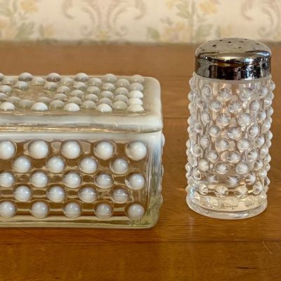 A Trio of Moonstone Opalescent Hobnail Glass Vanity Items