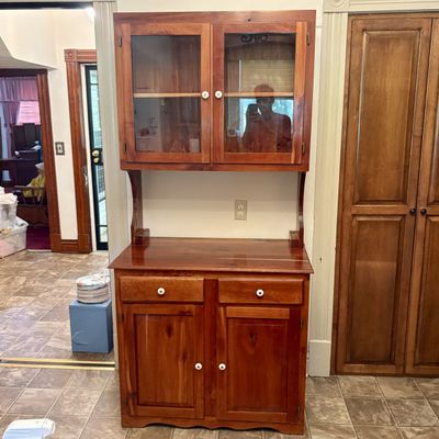 Sale Photo Thumbnail #637: Two Piece Pine Step Back Hutch with Glazed Upper Cabinet