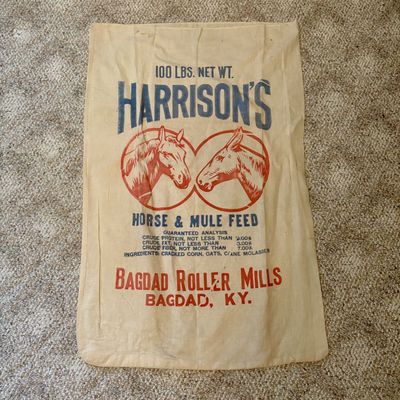 Sale Photo Thumbnail #412: Vintage Bagdad Roller Mills Harrison's Horse and Mule Feed Cloth Sack