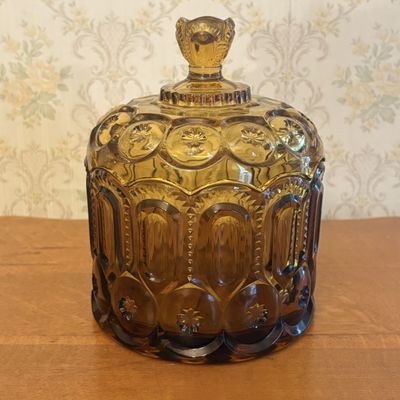 Vintage Moon and Star Pattern Amber Pressed Glass Biscuit Jar with Lid