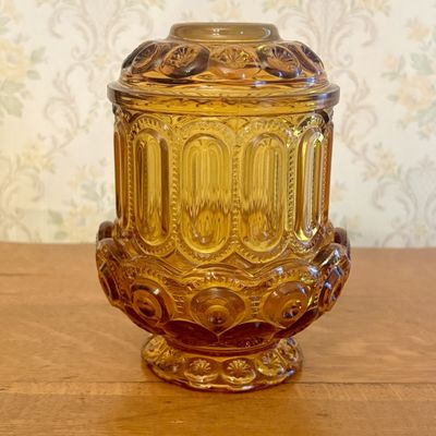 Amber Pressed Glass Moon and Stars Two Piece Fairy Lamp