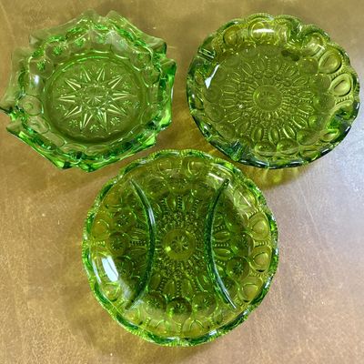 Sale Photo Thumbnail #685: Three Pieces of Emerald Green Pressed Glass in the Moon and Star Pattern