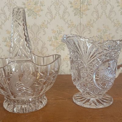 Sale Photo Thumbnail #292: Two Pieces of Colorless Pressed Glass With Frosted Bird Medallions