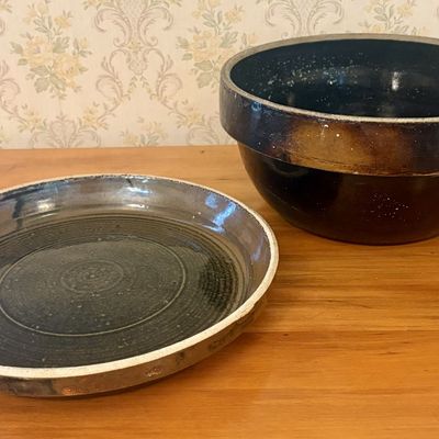 Sale Photo Thumbnail #355: A Pair of American Albany Slip Glazed Stoneware Mixing Bowl and Underplate