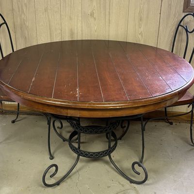 Sale Photo Thumbnail #744: Round Wrought Metal and Wood Dining Table with Two Matching Side Chairs