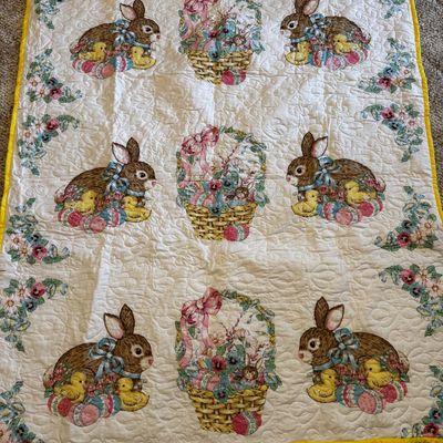 Sale Photo Thumbnail #243: Vintage Machine Quilted Easter Themed Baby Quilt with Bunny and Chick Motif