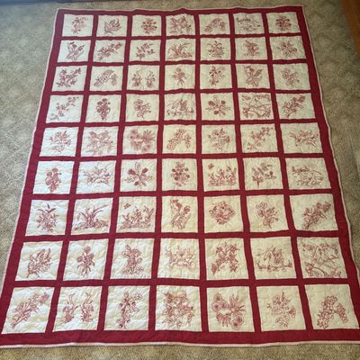 Sale Photo Thumbnail #421: Large Handmade Redwork Embroidery Quilt with Floral and Animal Motifs