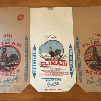 Sale Photo Thumbnail #546: Three Vintage Climax Roller Mills Paper Product Sacks Including Scratch and Flour