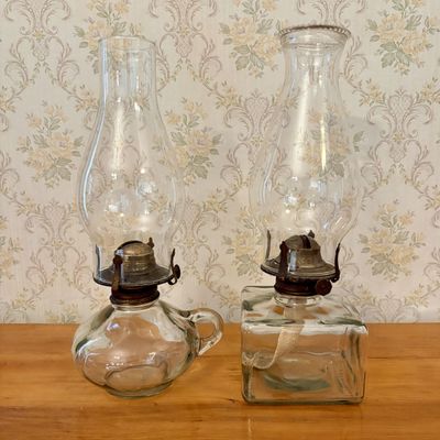Sale Photo Thumbnail #327: Two Antique Clear Glass Kerosene Oil Lamps