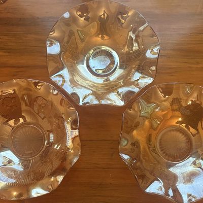 Sale Photo Thumbnail #104: A Trio of Marigold Iris and Herringbone Pattern Carnival Glass Ruffled Bowls