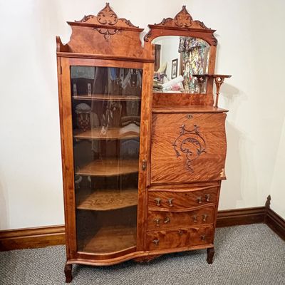 Sale Photo Thumbnail #635: Victorian Tiger Oak Side By Side Secretary Desk and Curved Glass Display Cabinet