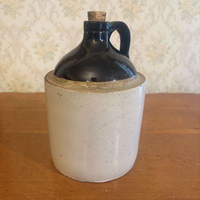 Sale Photo Thumbnail #115: Antique Two Tone Stoneware Beehive Whiskey Jug with Handle and Cork