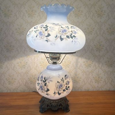 Sale Photo Thumbnail #408: Large Electrified Gone with the Wind Style Hurricane Table Lamp with Floral Milk Glass Globes