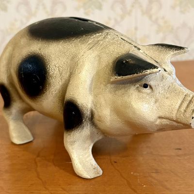 Vintage Cast Iron Standing Spotted Pig Coin Bank