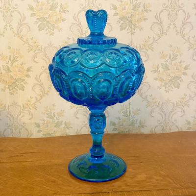Vintage Blue Pressed Glass Moon and Star Pattern Lidded Compote