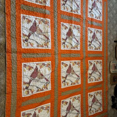 Sale Photo Thumbnail #238: Large Hand Embroidered and Machine Quilted Cardinal Themed Bed Coverlet