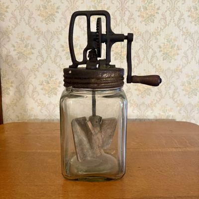 Antique Two Quart Hand Crank Glass Jar Butter Churn with Wooden Dasher