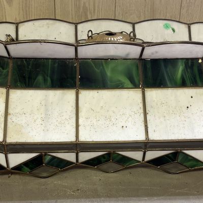 Sale Photo Thumbnail #738: Large Tiffany Style Green and White Slag Glass Billiard Table Chandelier Shade