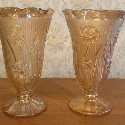 Sale Photo Thumbnail #103: A Pair of Marigold Carnival Glass Footed Vases in Iris and Herringbone Pattern