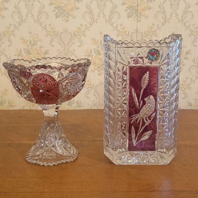 Sale Photo Thumbnail #109: Two Pieces of Hofbauer Ruby Flashed Lead Crystal Comprising a Rectangular Vase and a Pedestal Bowl