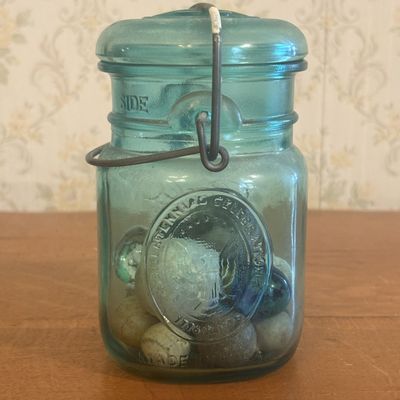 Sale Photo Thumbnail #142: American Bicentennial Ball Ideal Aquamarine Glass Jar with Assortment of Clay and Glass Marbles